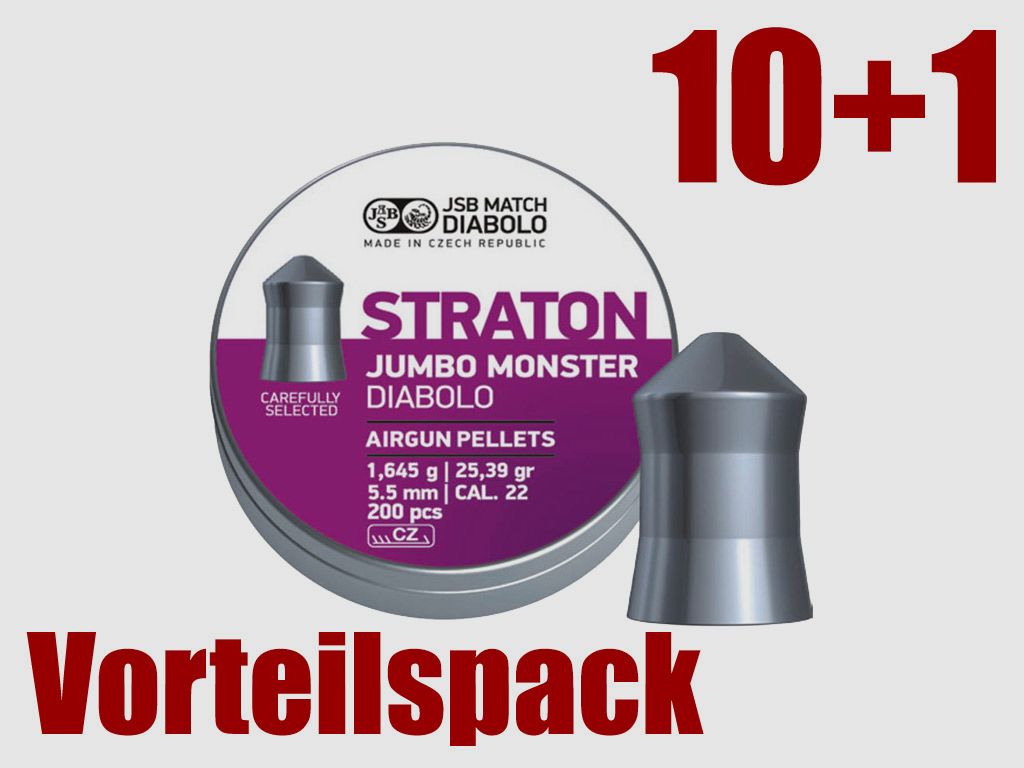 Vorteilspack 10+1 Spitzkopf Diabolos JSB Straton Jumbo Monster Kaliber 5,51 mm 1,645 g 11 x 200 StĂĽck