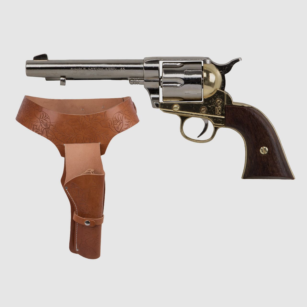 Set 3 Western Revolvergurt rechts 100 cm 1 Holster hellbraun und Deko Revolver Kolser Colt SAA .45 Peacemaker 6,1 Zoll nickel gold