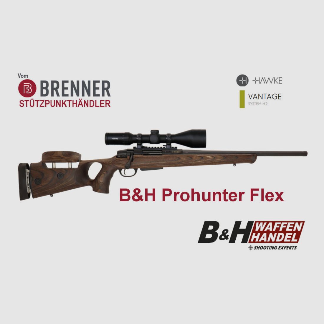 Brenner Komplettpaket: BR20 B&H Prohunter Flex Lochschaft mit Hawke 3-12x56 fertig montiert