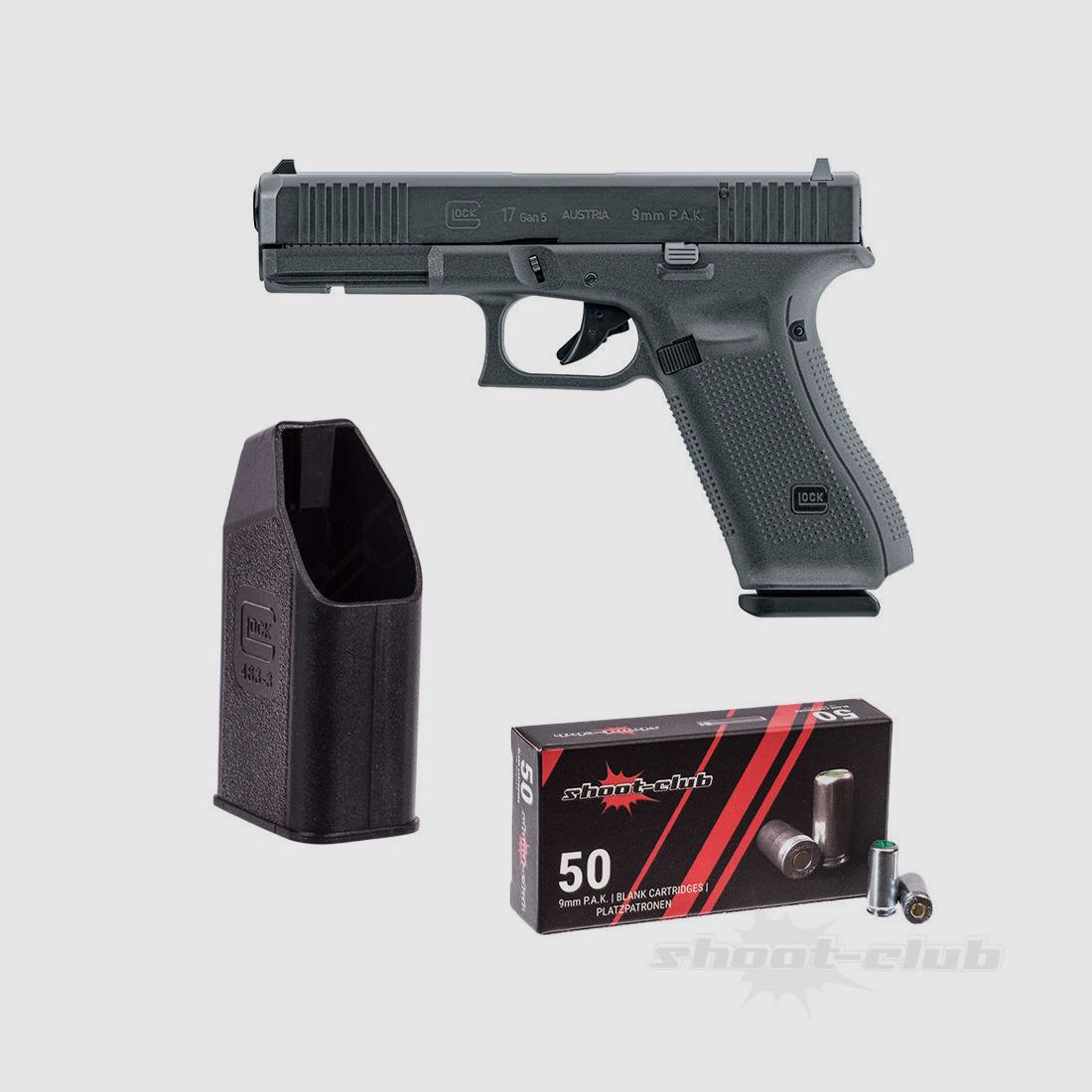 GLOCK Glock 17 Gen5 9mmPAK + Umarex Ladehilfe +50 SC Platzpatronen