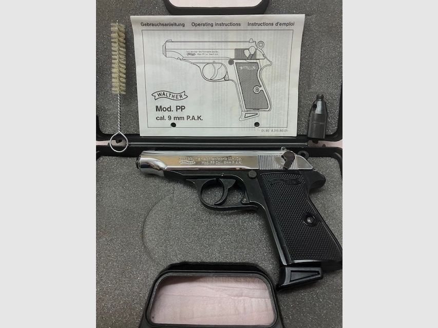 Walther PP chrome poli, calibre : 9 mm P.A.K., PTB n° 620, inutilisé