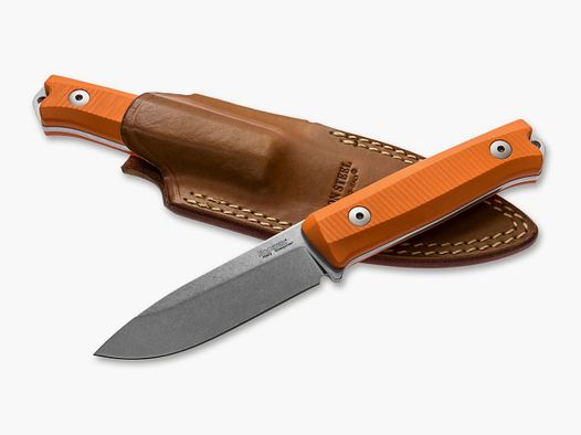 Cuchillo Bushcraft B40 G10 Naranja con funda de cuero marrón