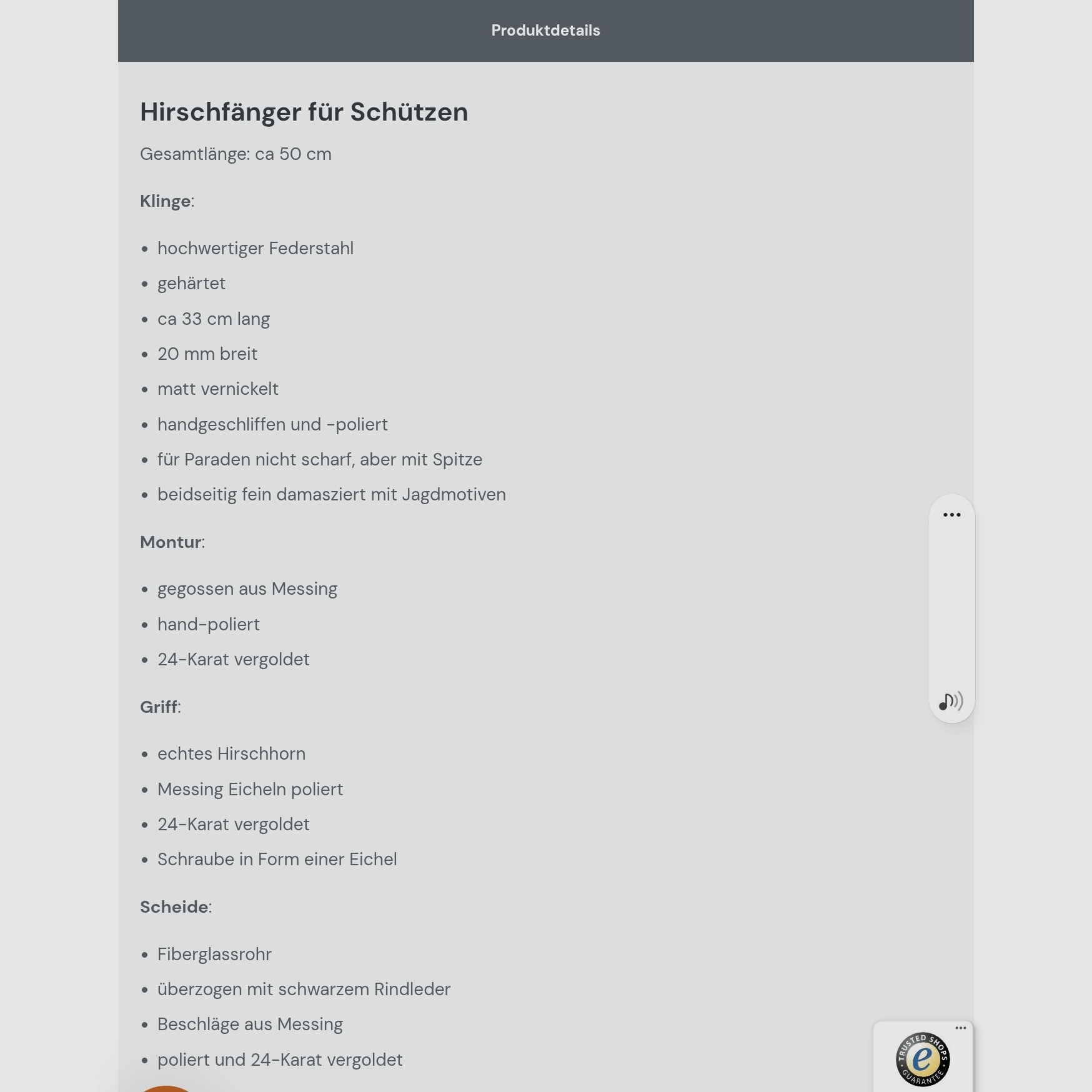 NEU -  1 Hirschfänger  -  50 cm -  24 k - Hirschhorn