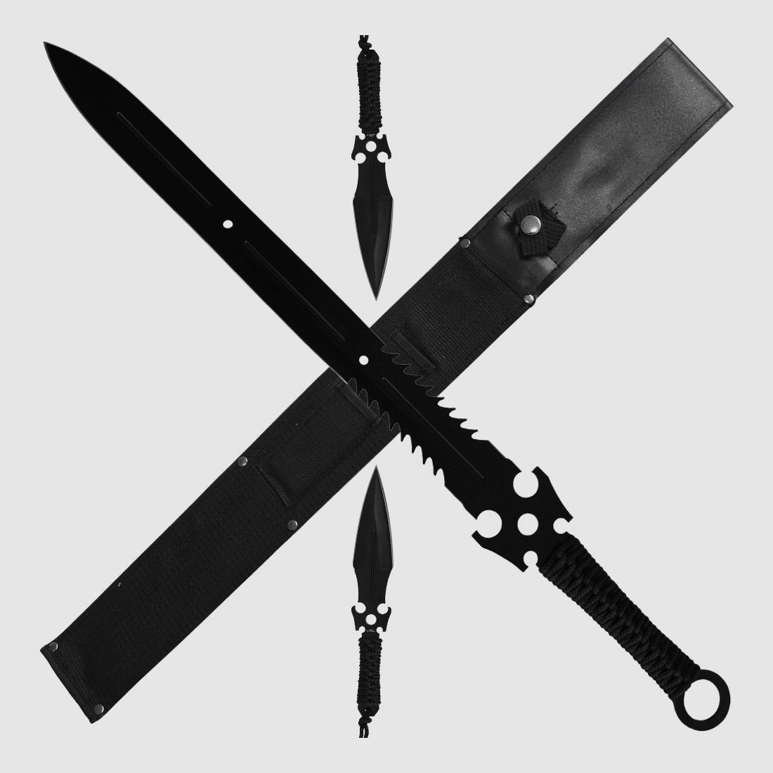 Sword with back holder and 2 throwing daggers / throwing knives