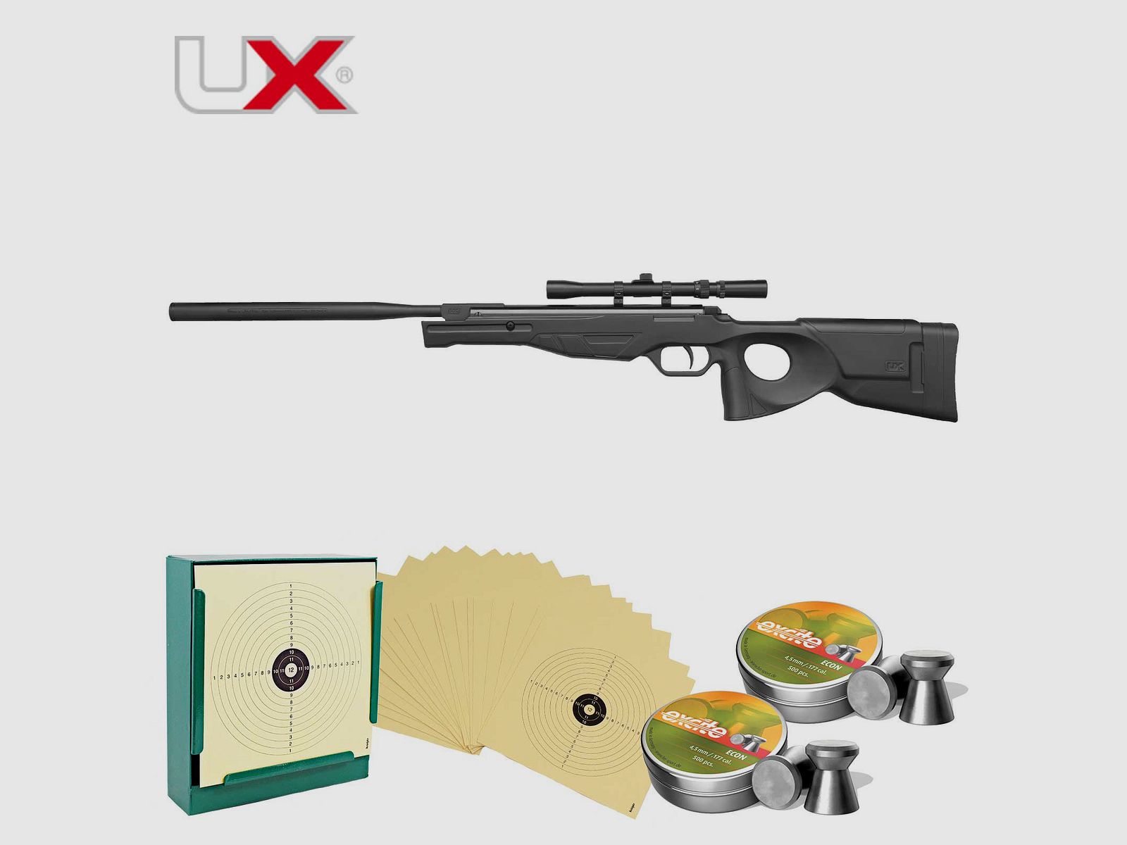 SET Umarex UX Patrol Knicklaufluftgewehr mit Zielfernrohr Kaliber 4,5 mm (P18) + 1000 Diabolos + 100 Scheiben + Kugelfang
