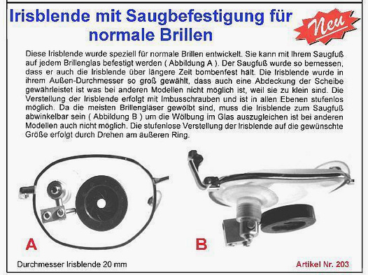 Irisblende für normale Brillen mit Saugbefestigung