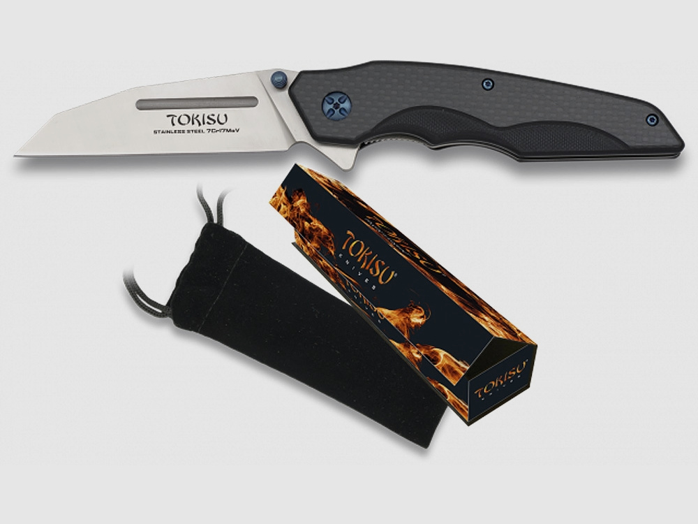 coltello pieghevole TOKISU STRAIGHT di design con clip da cintura G10 effetto carbonio