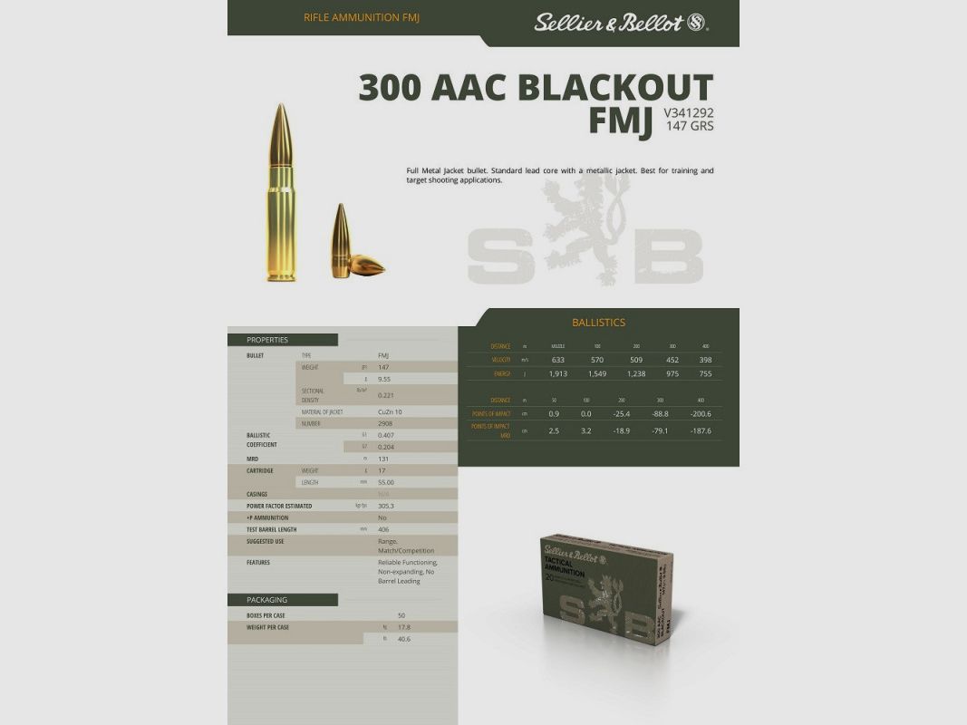 SELLIER BELLOT 300AAC BLACKOUT FMJ 147GR X20, afbeelding 2 van 3