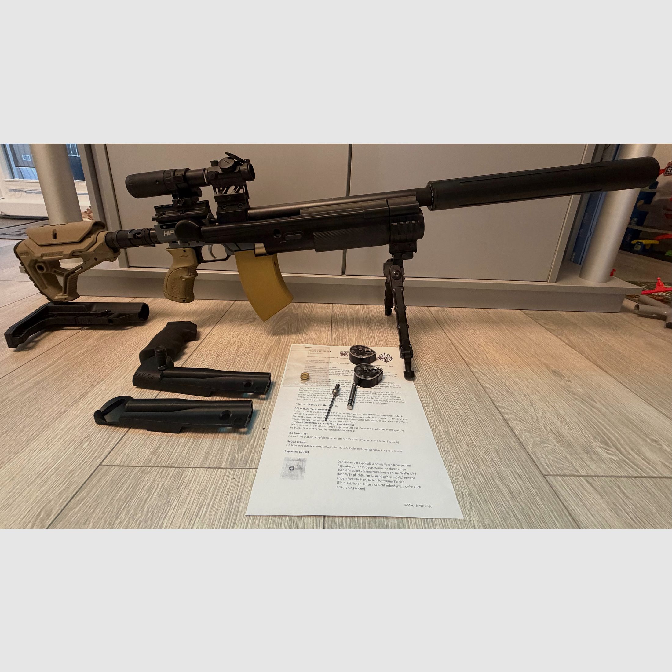 AEA HP-Max MK 1 Kal. .35 9mm F-Luftgewehr Pump-Action, RED-DOT i składany powiększacz 1-5x (Magnifier), Taktyczny, FAB-Stock, Donny FL, dwójnóg tactical