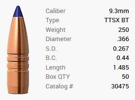 Barnes pocisk 9,3mm/.366 250GR Tipped TSX Spitzer BT 50 sztuk