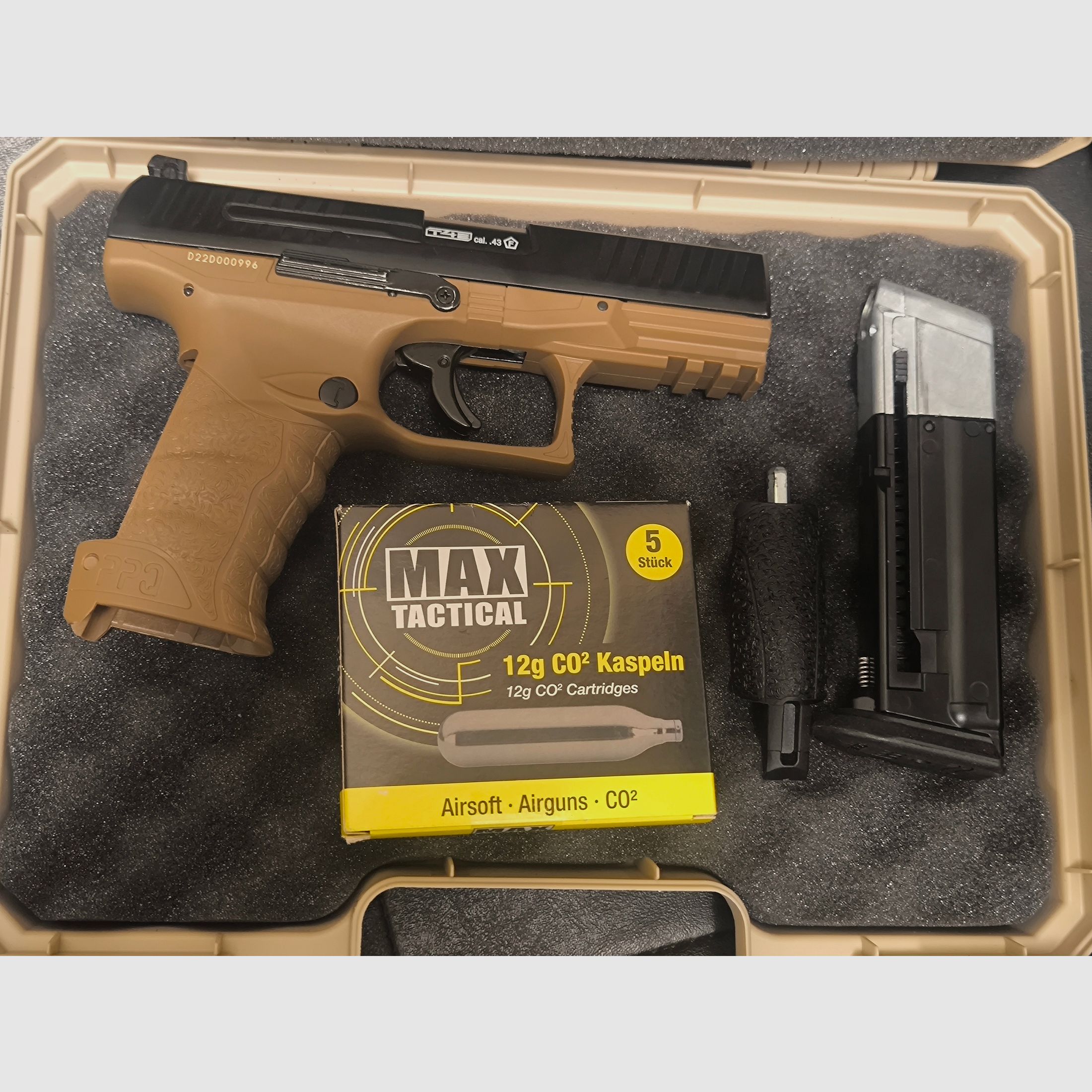 ⚠️ Achtung MagFed Freunde, Walther PPQ M2 T4E Dark Earth Brown, Kaliber .43, nur ein mal ein Magazin zur Probe Geschossen &  Kratzer Frei & Dichtung absolut Dicht & eine 5er Packung Max Tactical Co2-Kartuschen ⚠️ Achtung Versandkosten Frei!! 