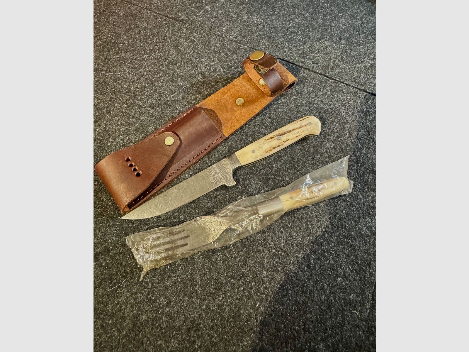 Jagdmesser, Gabel Set, Gürtelmesser, Hirschhorn, Jagd und Outdoor, Damastlook 71