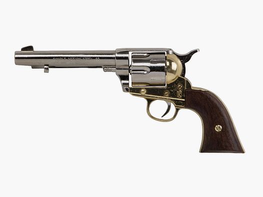 Deko Revolver Kolser Colt SAA .45 Peacemaker USA 1873 5,5 Zoll nickel gold Griffschalen in Holzoptik