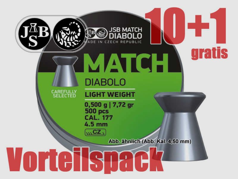 10+1 GRATIS x 500 St. Match-Diabolo JSB MATCH LIGHT Pistole, Kal. 4,49 mm, 0,5 g