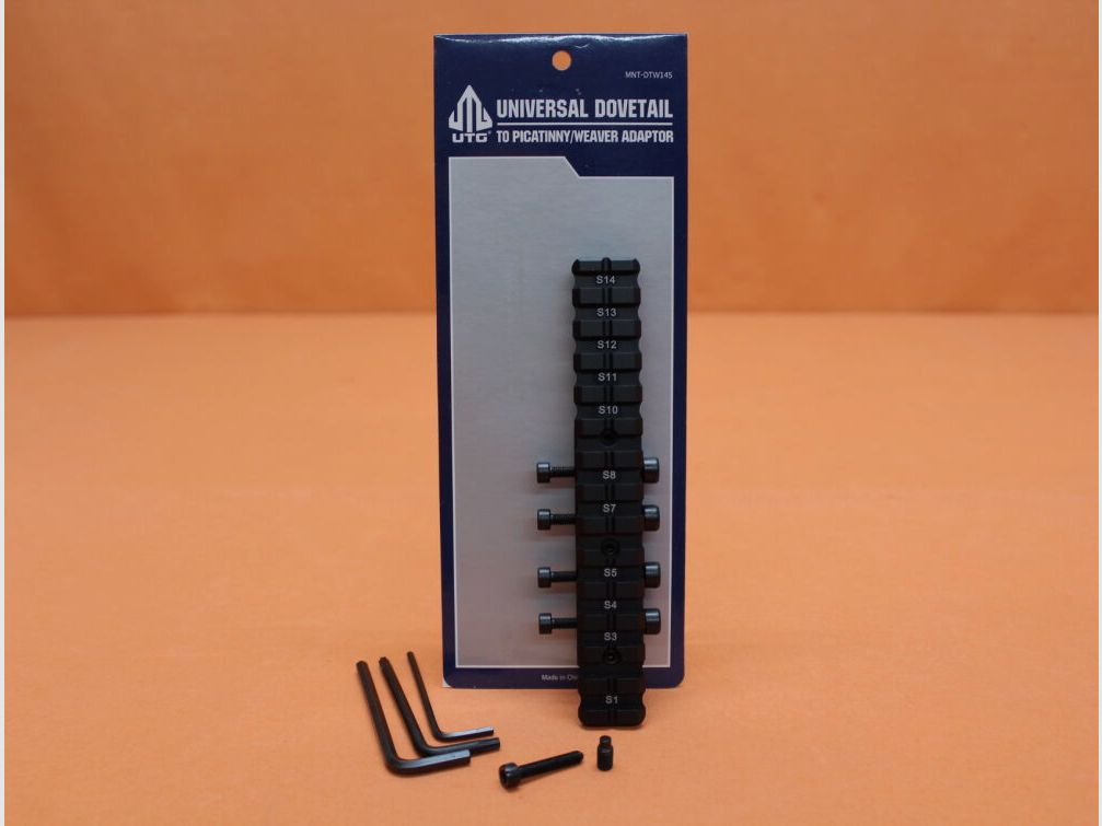 UTG - Leapers Adaptador de riel Dovetail a Picatinny UTG (MNT-DTW145) Riel Picatinny para rieles prismáticos de 9 -11 mm, imagen 1 de 5