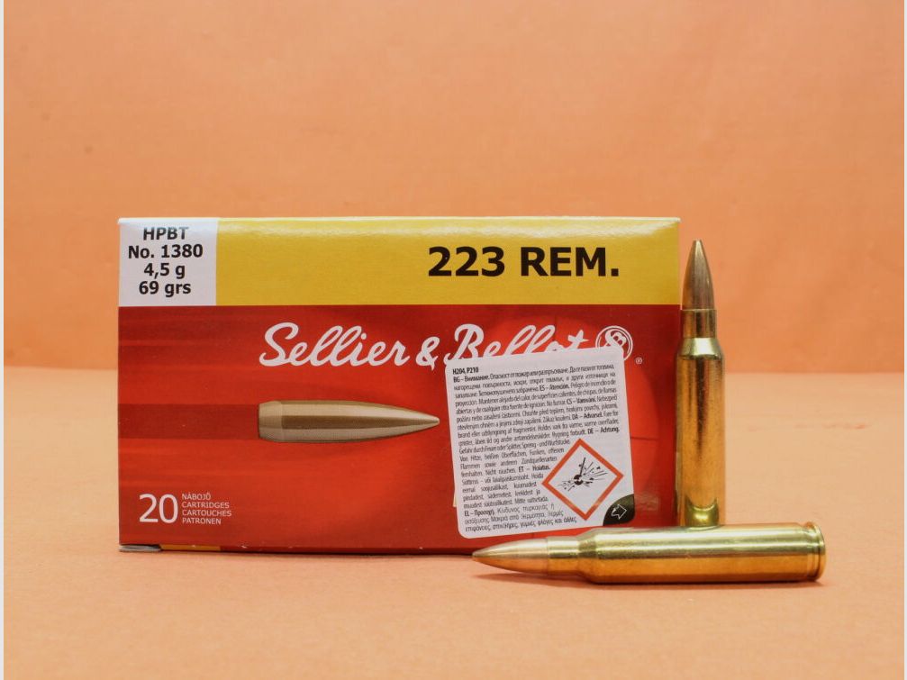 Sellier & Bellot Cartucho .223Rem S&B/ Sellier & Bellot 69grs HPBT Match (1380) VE 20 cartuchos/ 4,5g proyectil hollow point torpedo tail match
