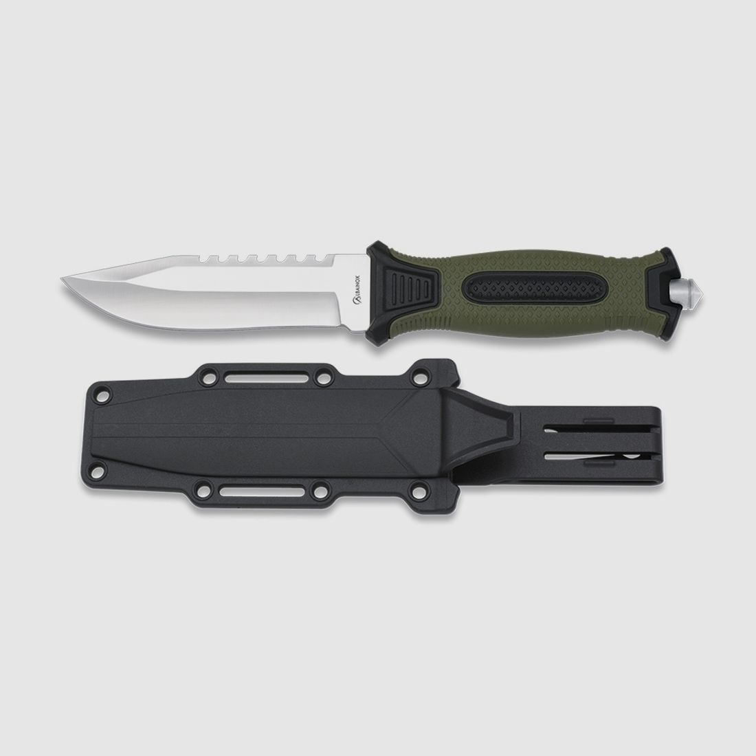 Leichtes Outdoor-Messer mit Glasbrecher und Kunststoffscheide grüner Griff