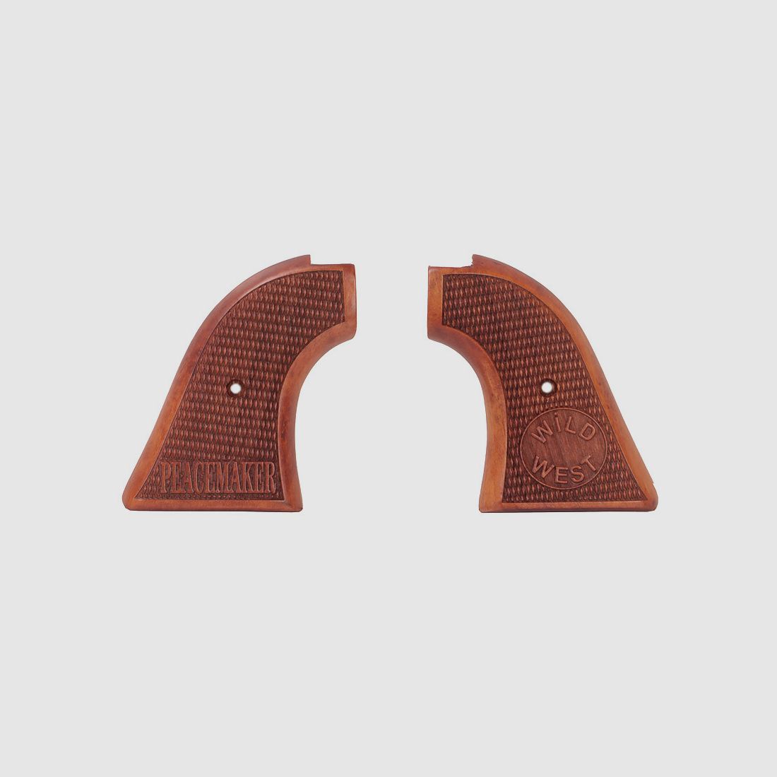 Holzgriffschalen fĂĽr Schreckschuss-, Gas-, Signalrevolver HS21 und ME 900 Fischhaut mit Peacemaker Schriftzug