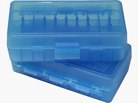 MTM scatola per cartucce P50-45-24 blu trasparente con coperchio a ribalta per 50 cartucce .45 ACP e altre.