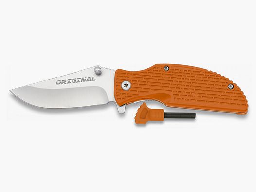 Cuchillo de bolsillo naranja con iniciador de fuego en el mango, supervivencia