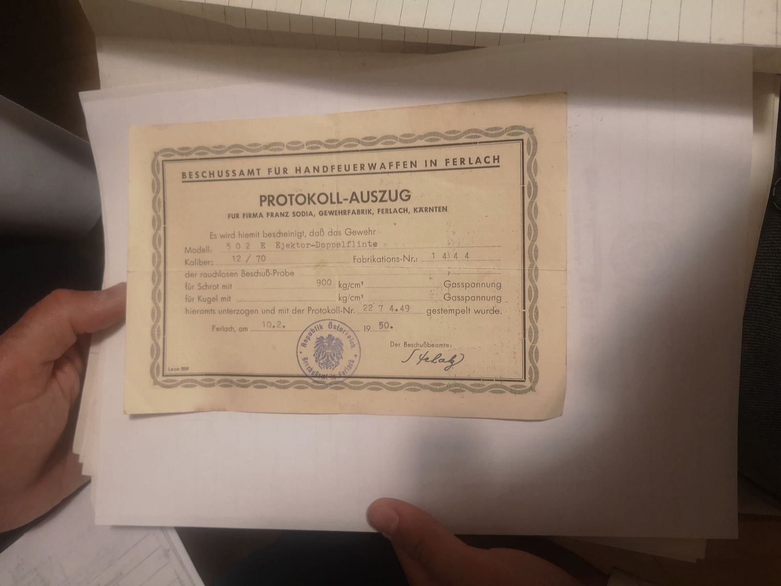 Doppietta Franz Sodia Ferlach cal.12/70 Ejector – Incisa – Con certificato originale 1950 + custodia