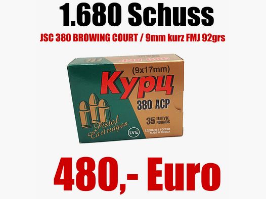 JSC "NOWOSYBIRSKA FABRYKA NABOJÓW" i LVE "FIRMA SPRZĘTU NISKONAPIĘCIOWEGO" Munition JSC 380 BROWING COURT / 9mm kurz FMJ 92grs niekorozyjny 1.680 nabojów w ARMY Munitionsbox