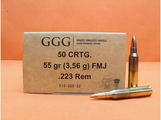 GGG. Patrone .223Rem GGG 55grs FMJ (GPR11) VE 50 Patronen/ 3,56g Vollmantel