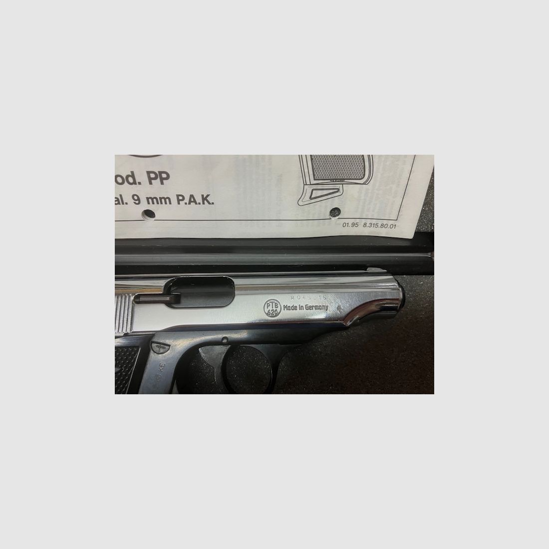 Walther PP chrome poli, calibre : 9 mm P.A.K., PTB n° 620, inutilisé