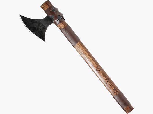small Viking axe with leather wrapping and runes on the handle