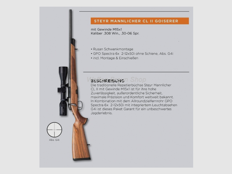 Steyr Mannlicher CL II 308 Win complete offer with GPO Spectra 6x 2-12x50i without rail, Abs. G4i