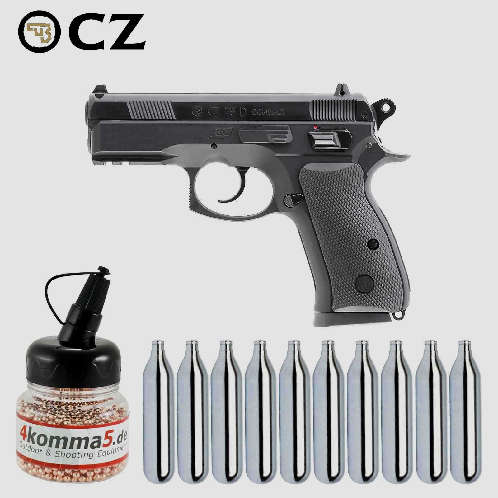 Luftpistolenset CZ75D Compact 4,5 mm Stahl BB Black Co2-Pistole Non Blow (P18) + 10 Co2-Kapseln + 1500 Stahl-BB's 4komma5