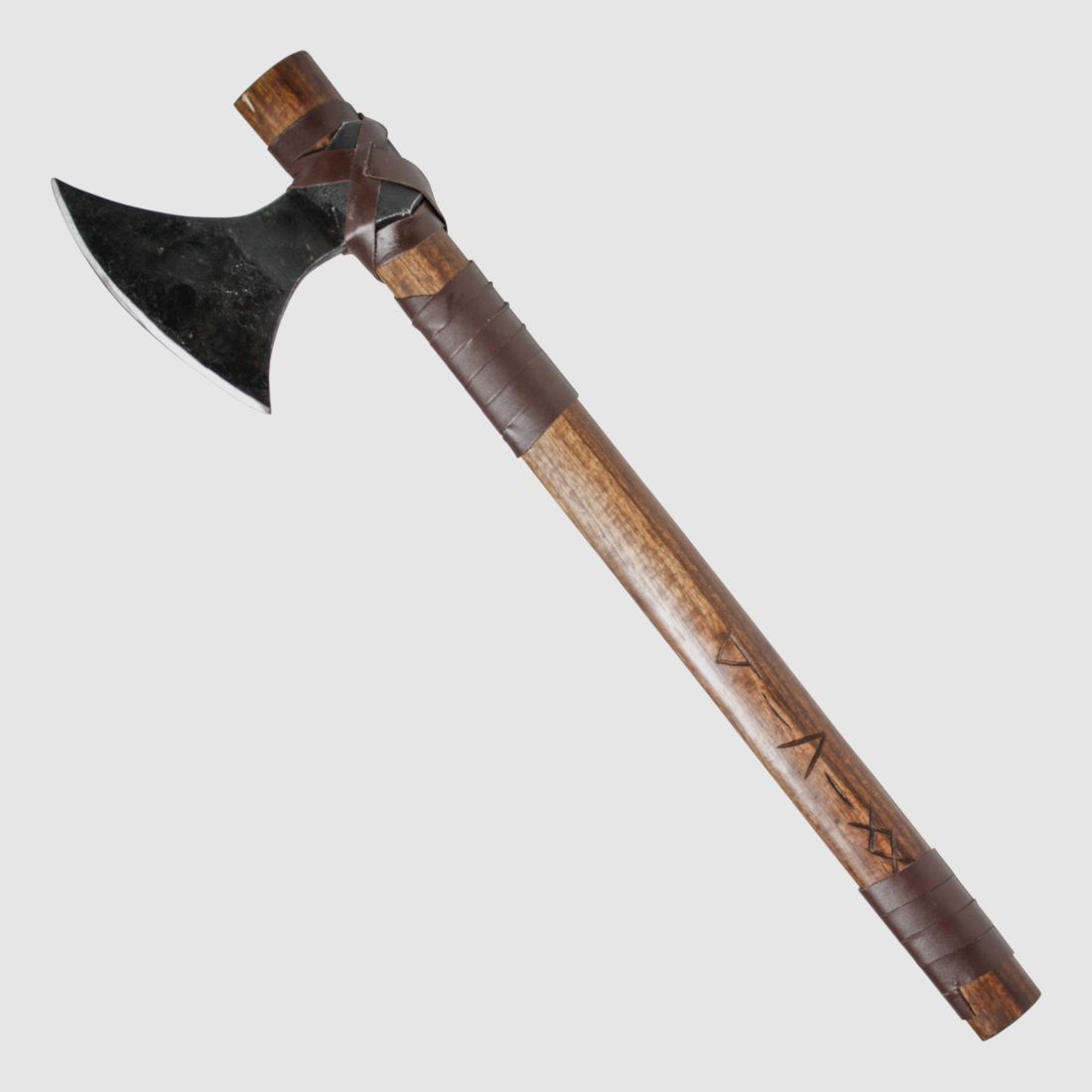 small Viking axe with leather wrapping and runes on the handle