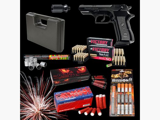 SILVESTER MEGASET !!! Schreckschuss - Pistole - RECORD Modell COP. - 9 mm P.A.K. inkl. Koffer, 100 Platzpatronen & 102 Schuss Effektmunition