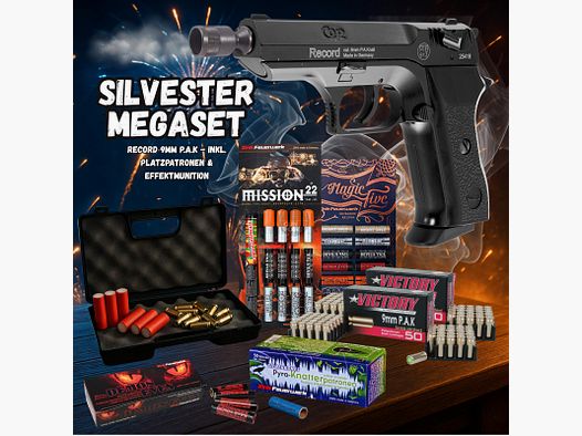 SILVESTER MEGASET !!! Schreckschuss - Pistole - RECORD Modell COP. - 9 mm P.A.K. inkl. Koffer, 100 Platzpatronen & 102 Schuss Effektmunition