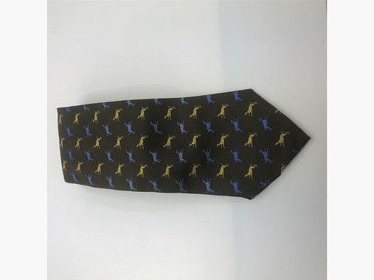 Robert Keyte stropdas 100% zijde donkerbruin met beige en lichtblauwe hond motief