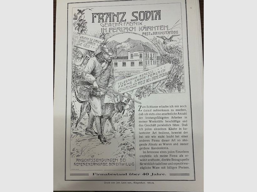Weapon catalog from the rifle factory Franz Sodia, Ferlach, Carinthia "Main price list for modern weapons, hunting equipment, ammunition".
