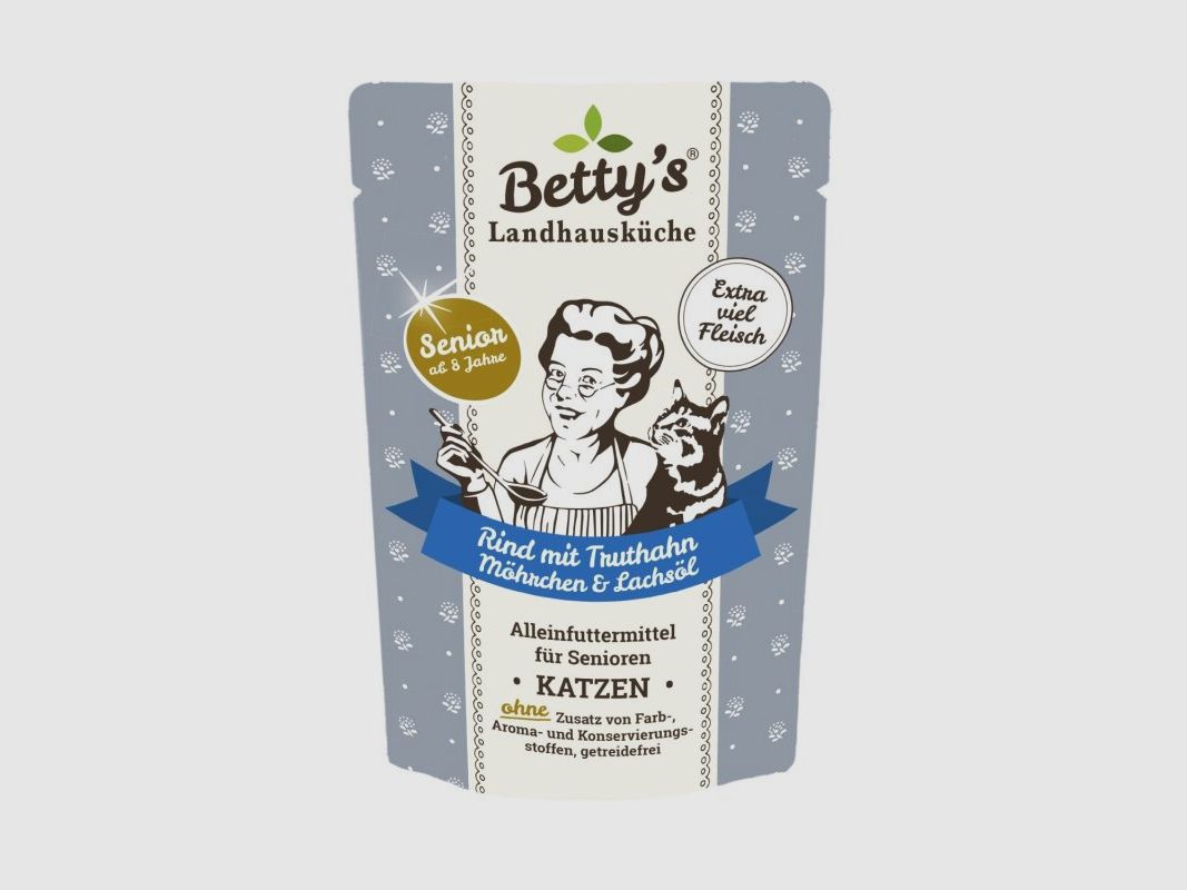 Betty's Landhausküche Katzenfutter Senior Frischebeutel Rind mit Truthahn, Möhrchen & Lachsöl 100g