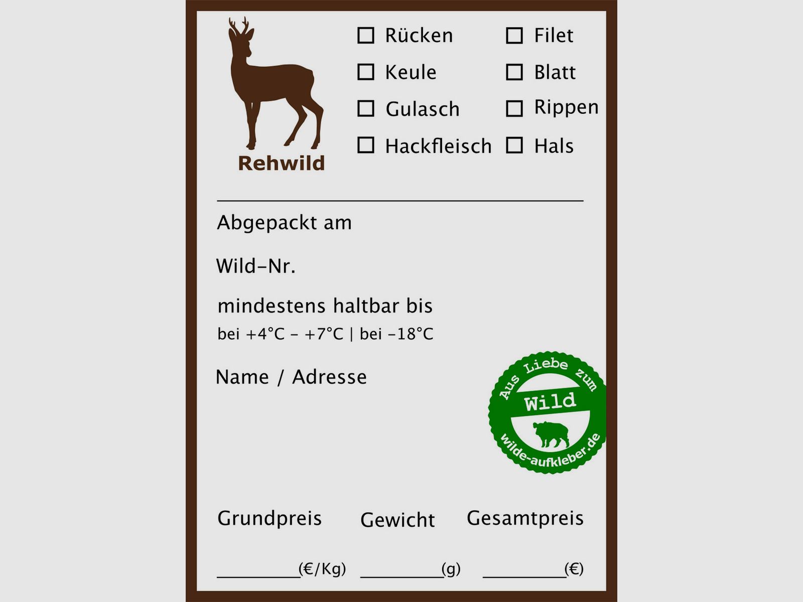 Etichette per congelare la carne di selvaggina Adesivi selvatici