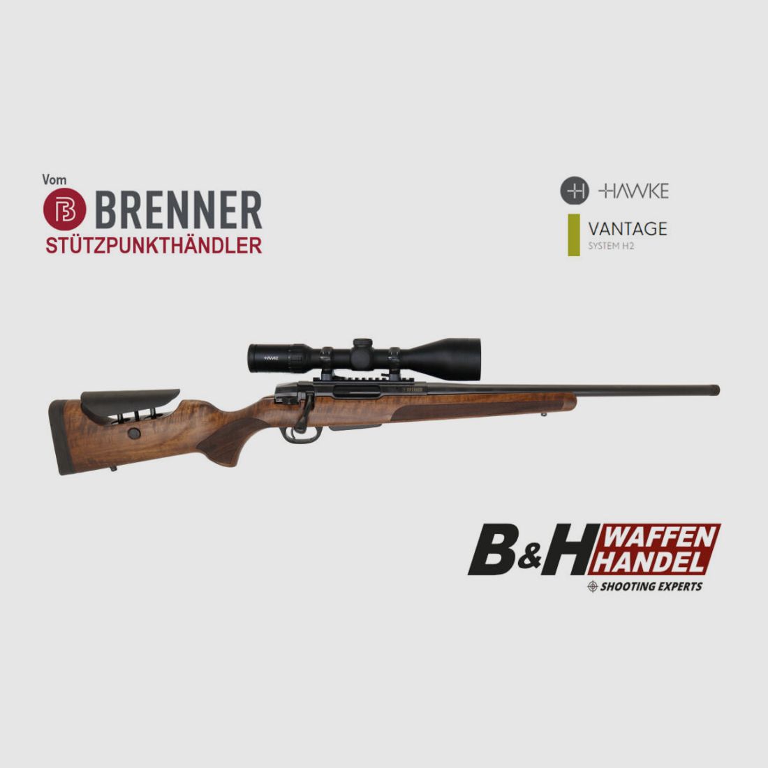Brenner Komplettpaket: BR20 L.E. (Nussbaum, verstellbarer Schaftrücken) mit Hawke 3-12x56