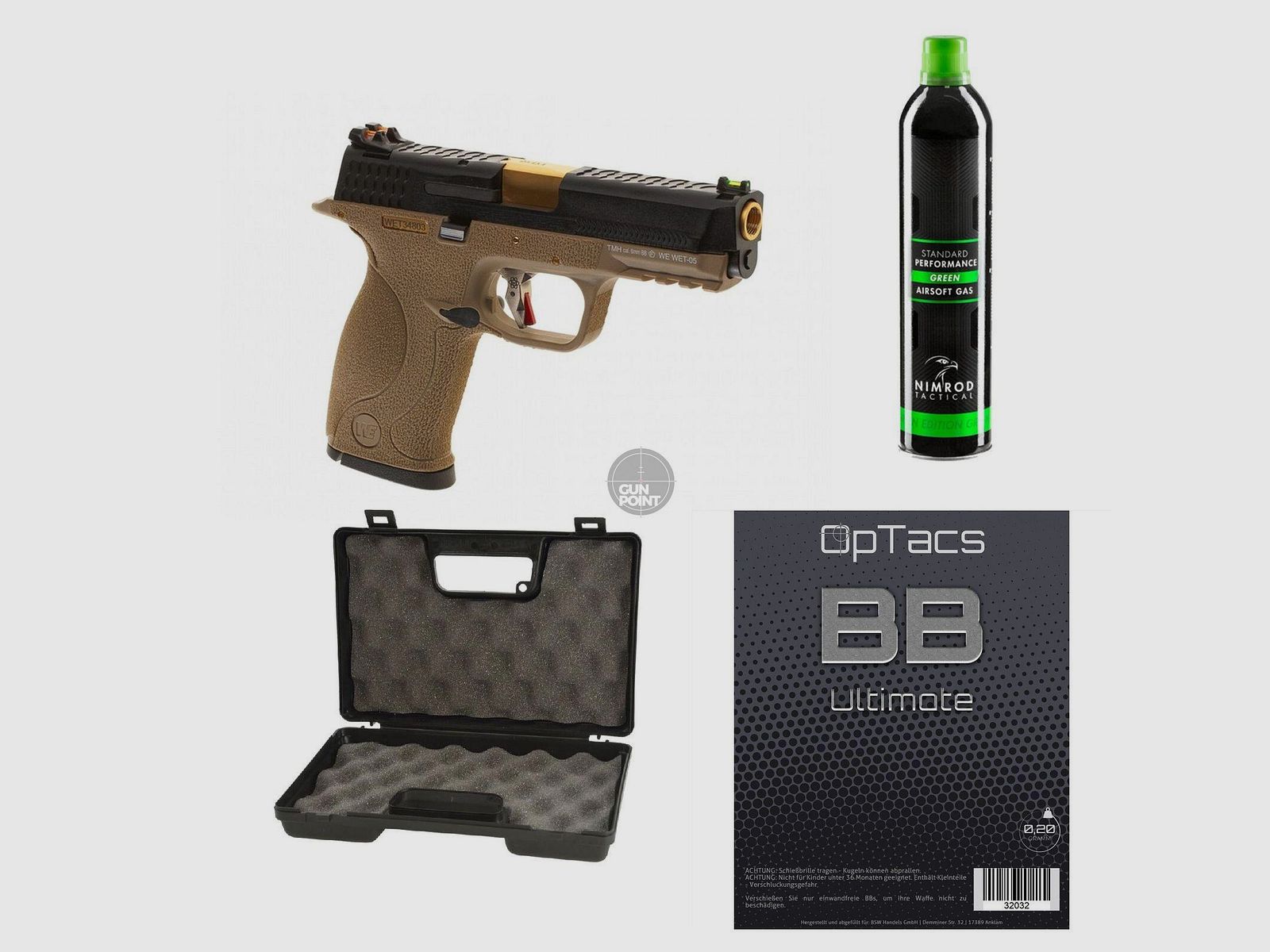 SET !!! Softair - Pistole - WE - WET-05 BK Gold Barrel Metal Version GBB FDE - ab 18, ber 0,5 Joule