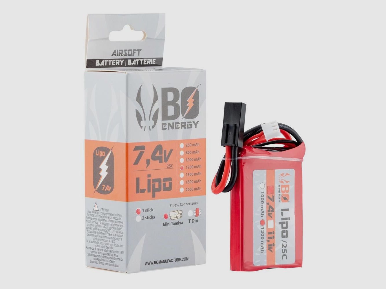 Lipo-Batterie 2S 7.4V 1200mAh 25C BO MANUFACTURE - Mini Tamiya - Stabile Leistung - Zuverlässige Autonomie, Bild 1 von 5