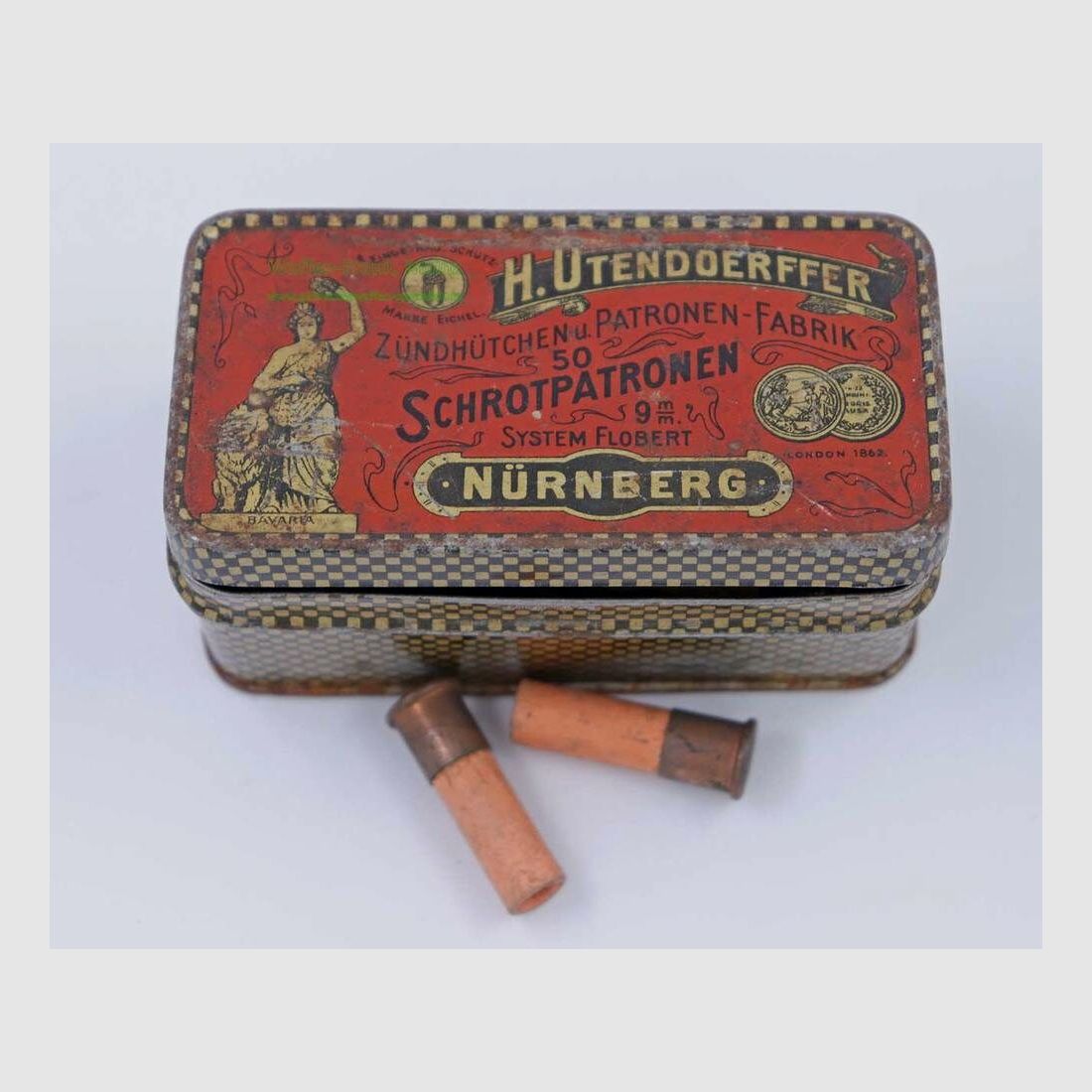 H. Utendoerffer, Nürnberg Flobert in original Blechdose 9mm Flobert Schrot einfach