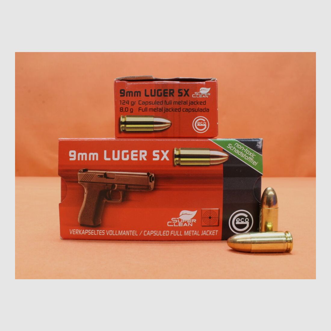 GECO cartridge 9mm Luger GECO 124grs FMJ (2318221) SX VE 50 cartridges (SuperClean low in pollutants)/ 8.0g full metal jacket