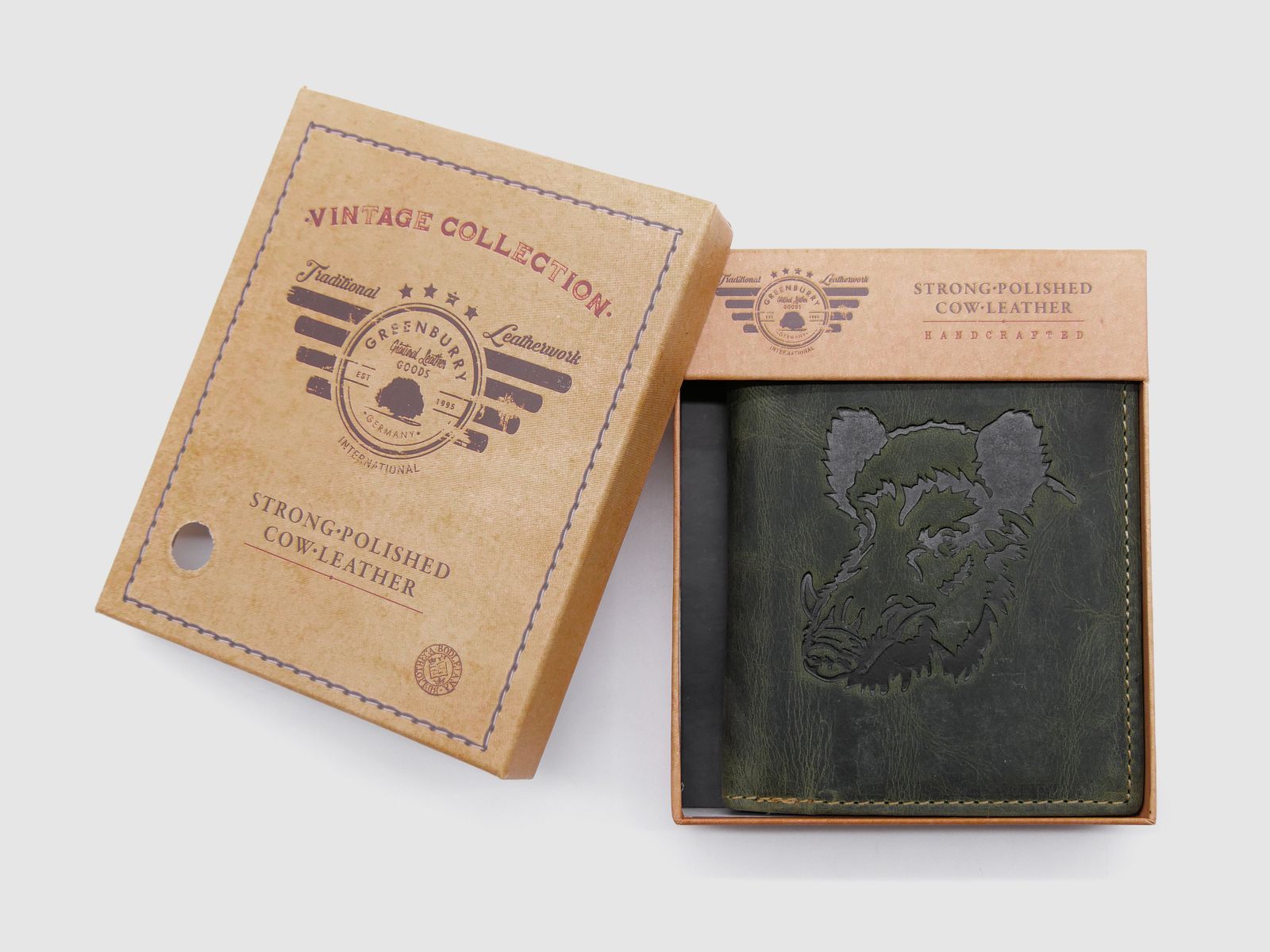 Greenburry Leder Geldbörse oliv Vintage Animal Collection Royal Stag Keiler 1701-wildboar-30