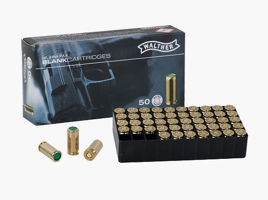 Platzpatronen Walther Kaliber 9 mm P.A. Nitro fĂĽr Pistolen Messing 50 StĂĽck (P18)