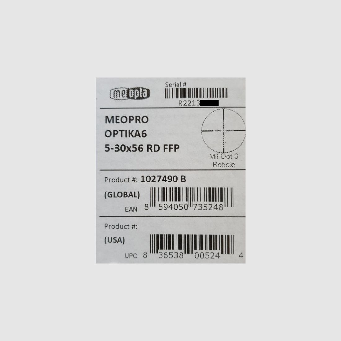 Neuware vom Fachhandel - Long Range Zielfernrohr Meopta OPTIKA6 5-30x56 RD FFP Absehen MilDot-3 LK