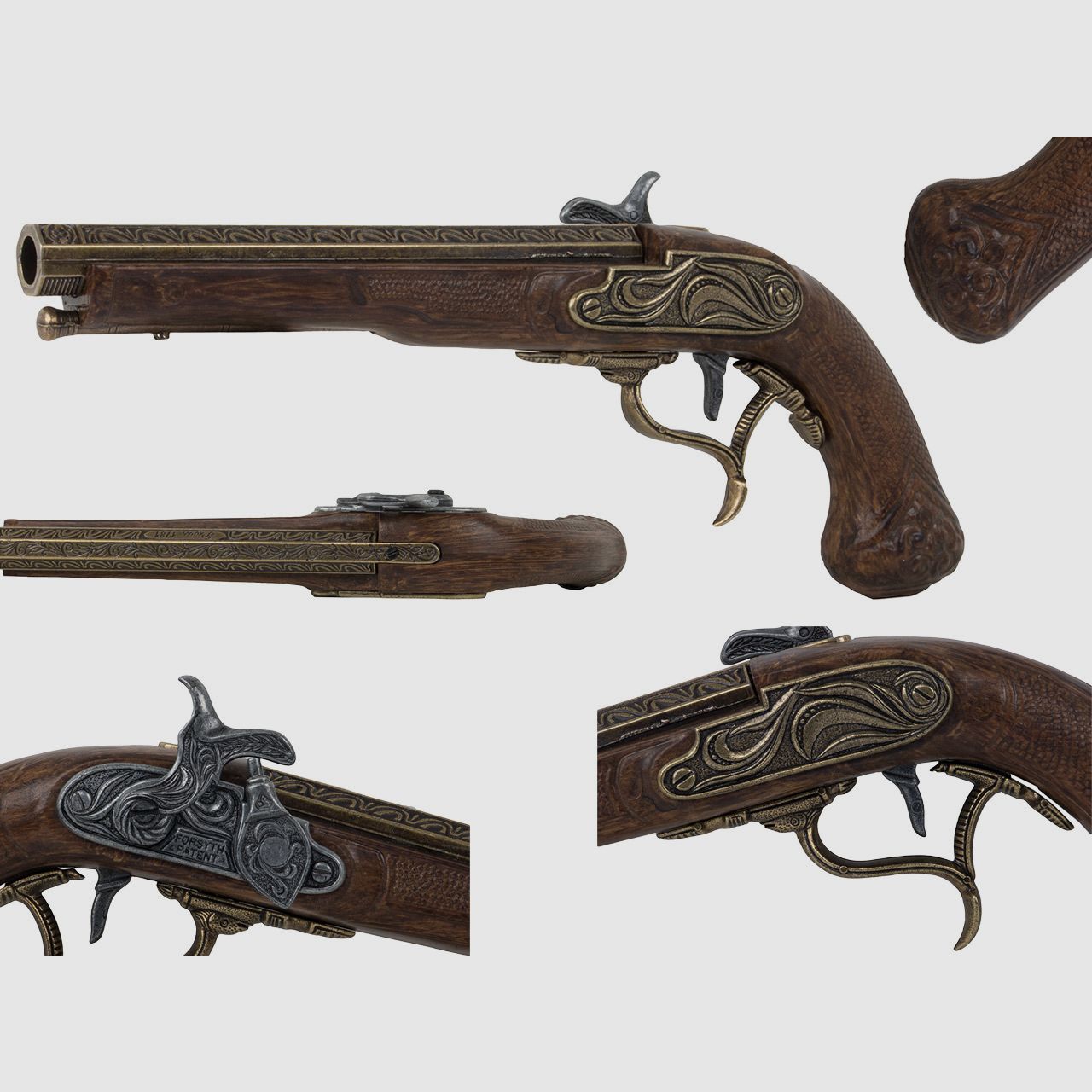 Deko Perkussionspistole Kolser LĂ¤nge 30 cm messing altgrau Griffschalen in Holzoptik messing