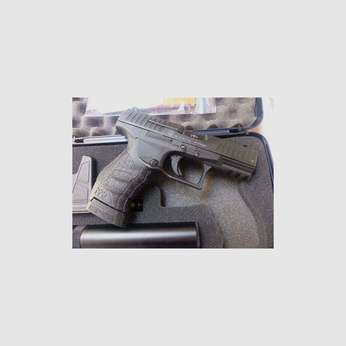 Walther PPQ Navy Kit with suppressor, blank firing adapter, loading aid, case. Only 2 shots fired