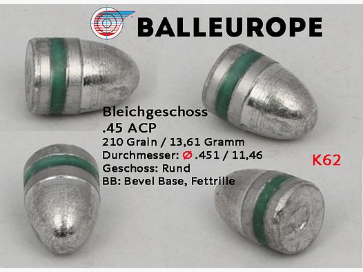 .45 ACP: 500 Stück Ø .451 11,46mm 210 Grain 13,61 Gramm Bleigeschoß RN BB Fettrille Balleurope K62