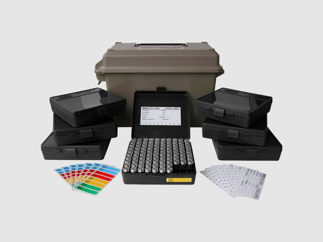 MTM TRANSPORTKISTE MIT KLAPPGRIFF INKL. 7ER SET PATRONENBOXEN (P-100-45) BRAUN VE:6